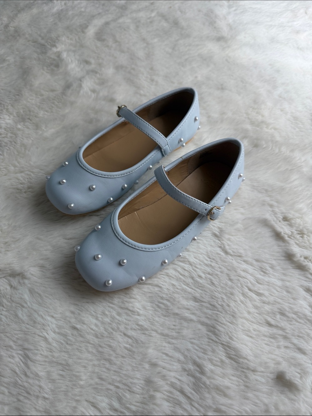 Janie and Jack Light Blue Pearl-Stud Mary Jane Shoes